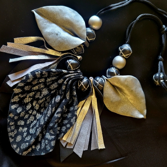 Elegant Hand Made Statement Leather Clay Bead 22" Necklace - Picture 1 of 5